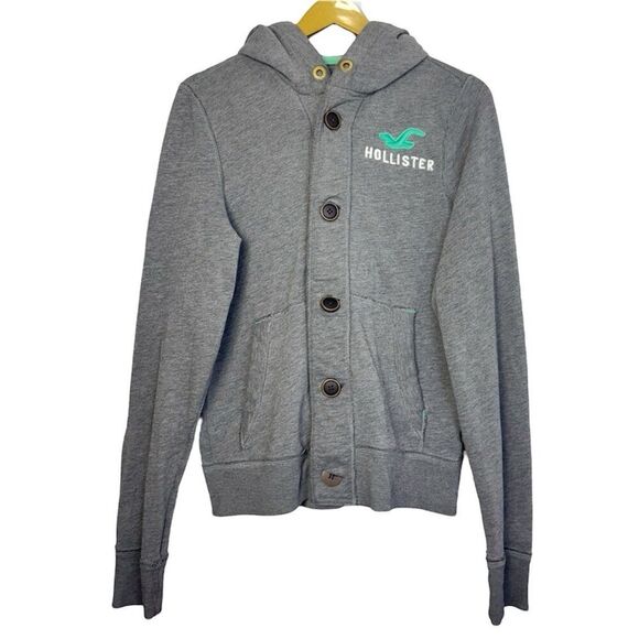 Y2K Hollister Womens Henley Hoodie Cardigan Size S Gray Button Up Jacket Preppy - Picture 2 of 10